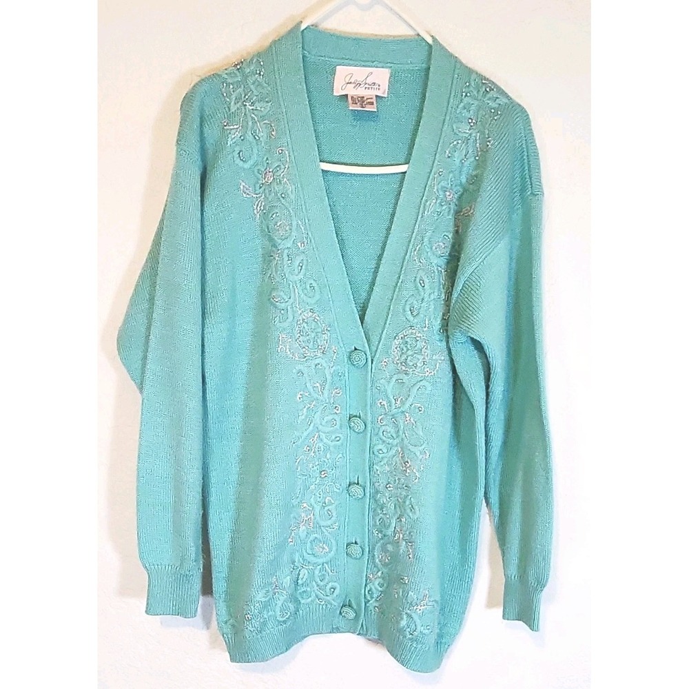 Jaclyn Smith Petite Turquoise Floral Embroidered Button Cardigan Sweater L